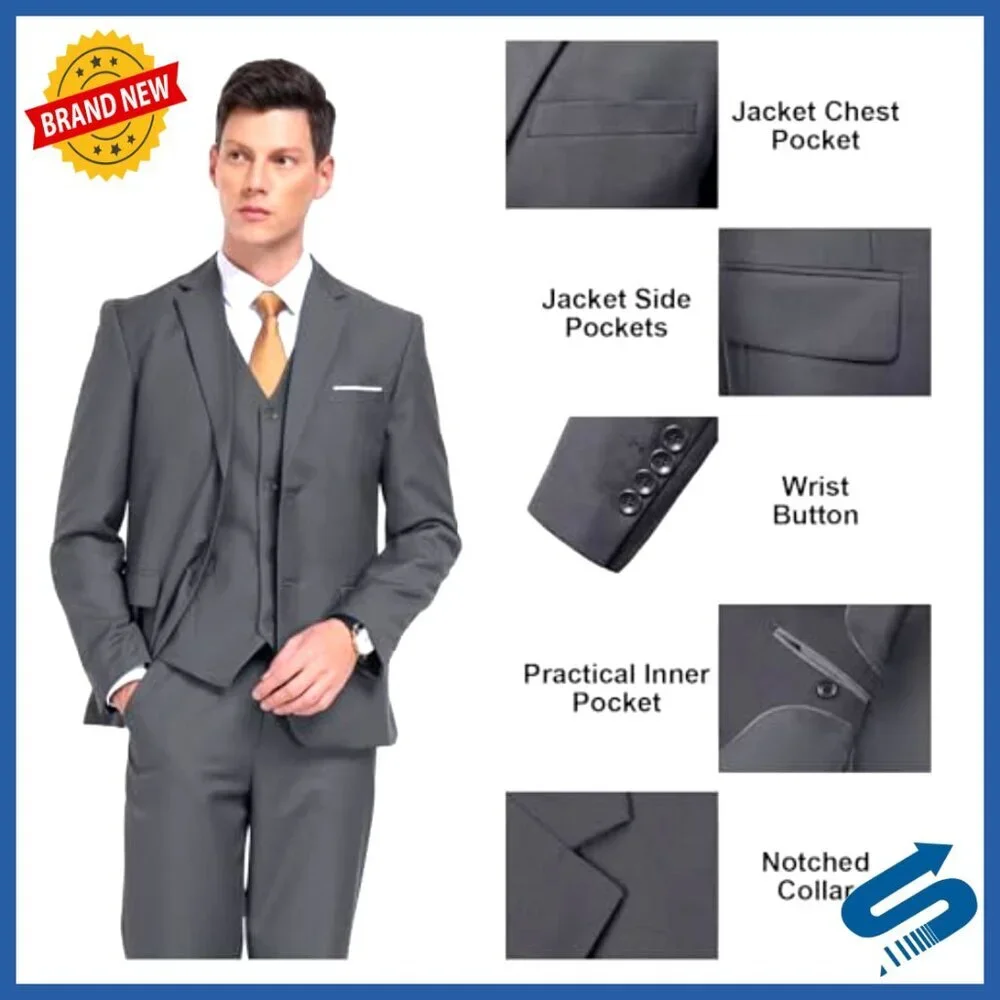 Slim Fit 3-Piece Suit Set with Vest & Tie for Business Wedding Formal